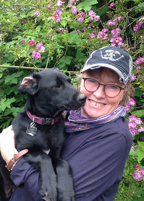 A happy woman in glasses and a hat stands in front of a rose bush and holds a puppy.